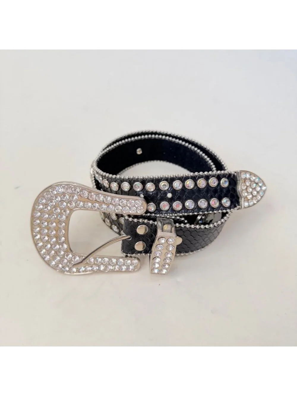 Y2K Western Leather Rhinestone Studded Belt Black Bling Horseshoe Buckle Boho Ro